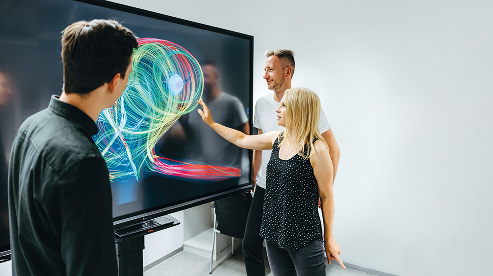 Drei Forschende der Uni Magdeburg stehen vor einem großen Bildschirm und entwickeln Computersimulationen zur Behandlung Aneurysmen (c) Jana Dünnhaupt Uni Magdeburg